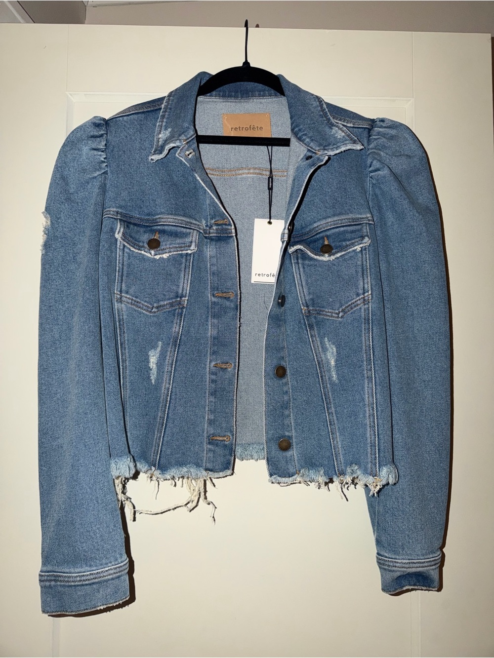 Retrofete Cropped Light Blue Denim Jacket with Puff Shoulders